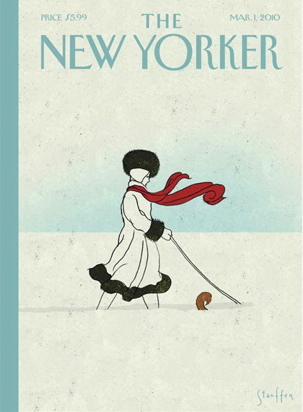 Brian Stauffer: New Yorker Cover of woman walking dog in snow